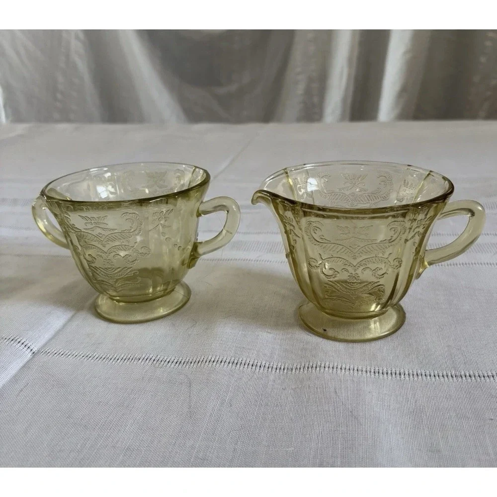 VTG Federal Madrid Amber Depression 4 pc Set Platter Serving Bowl‎ Creamer Sugar